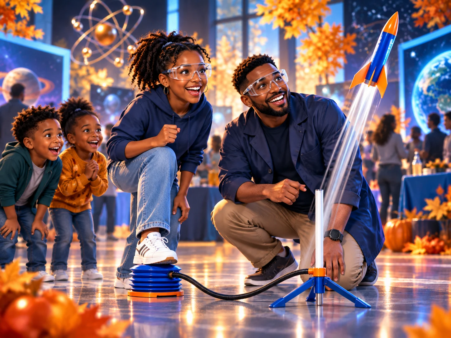 Illustration of a young person stomping a foot pump to launch an air-powered model rocket while an adult and two children watch. The artwork is conceptual and does not show exact equipment.