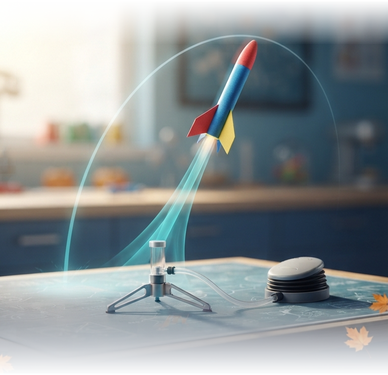 Illustration of an air-powered model rocket launching from a tabletop.