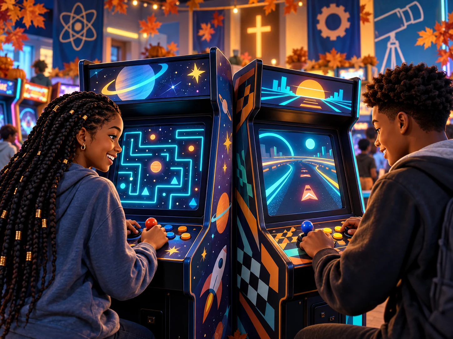 Illustration of two young people playing side-by-side arcade cabinets; the artwork does not show specific games.