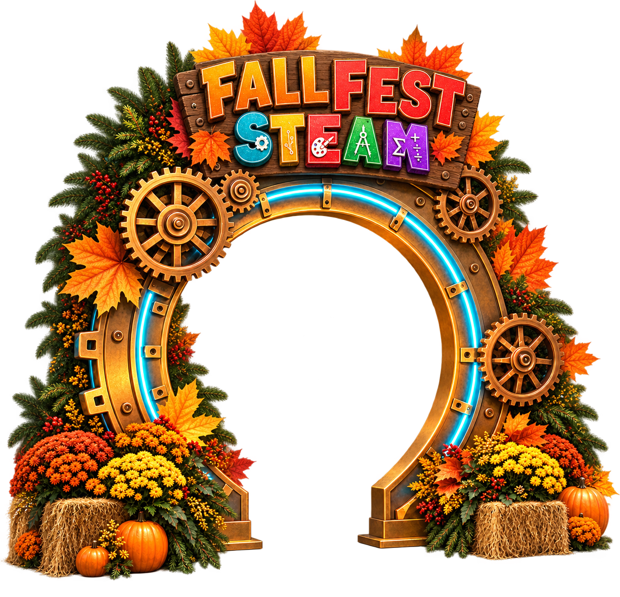 The Fall Fest with STEAM Atrium Portal: a bronze gear archway with a glowing cyan ring, framed by fall leaves, mums, hay bales and pumpkins