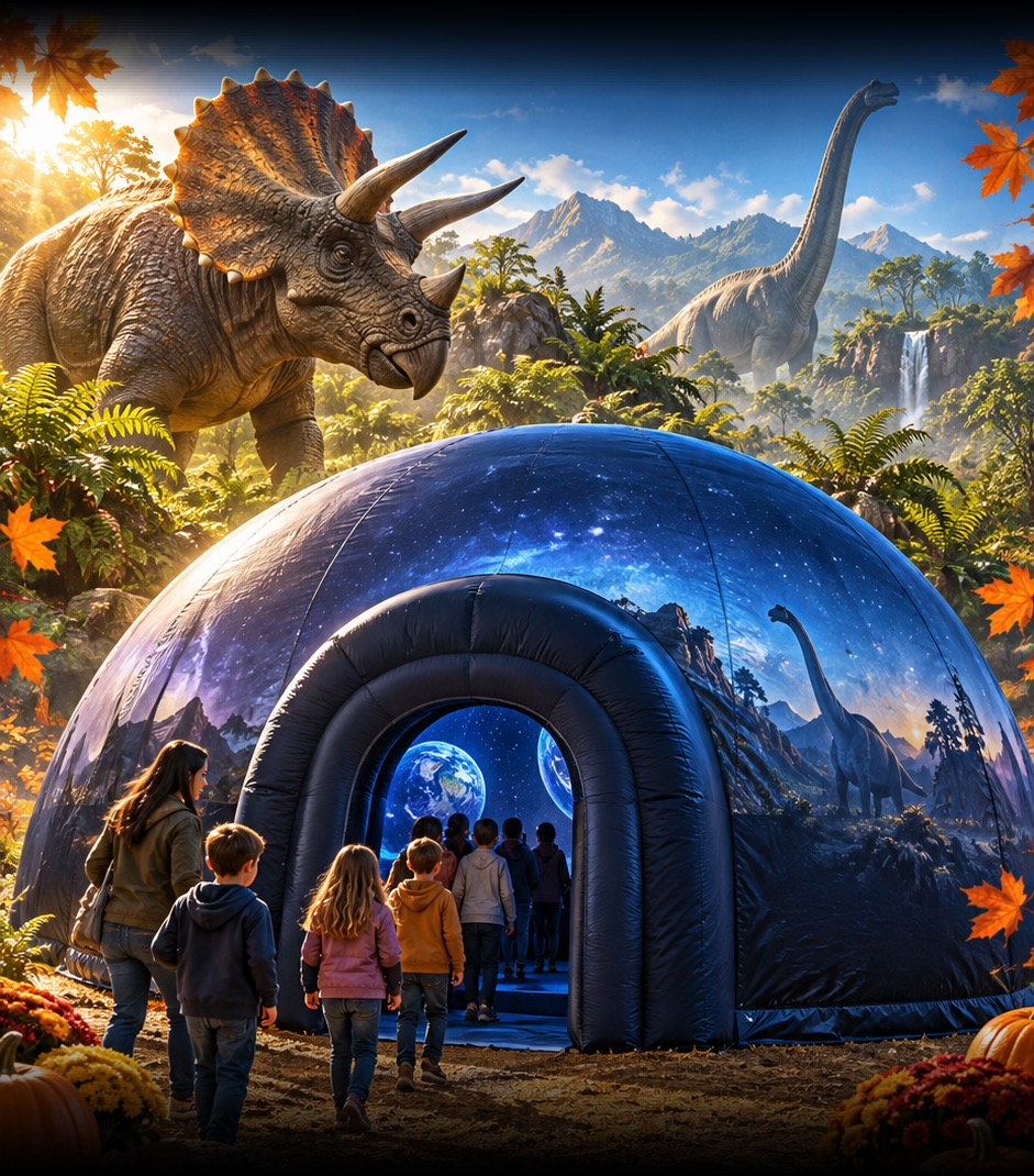 Illustrative Discovery Dome with dinosaur-themed scenery; the final show is not yet confirmed.