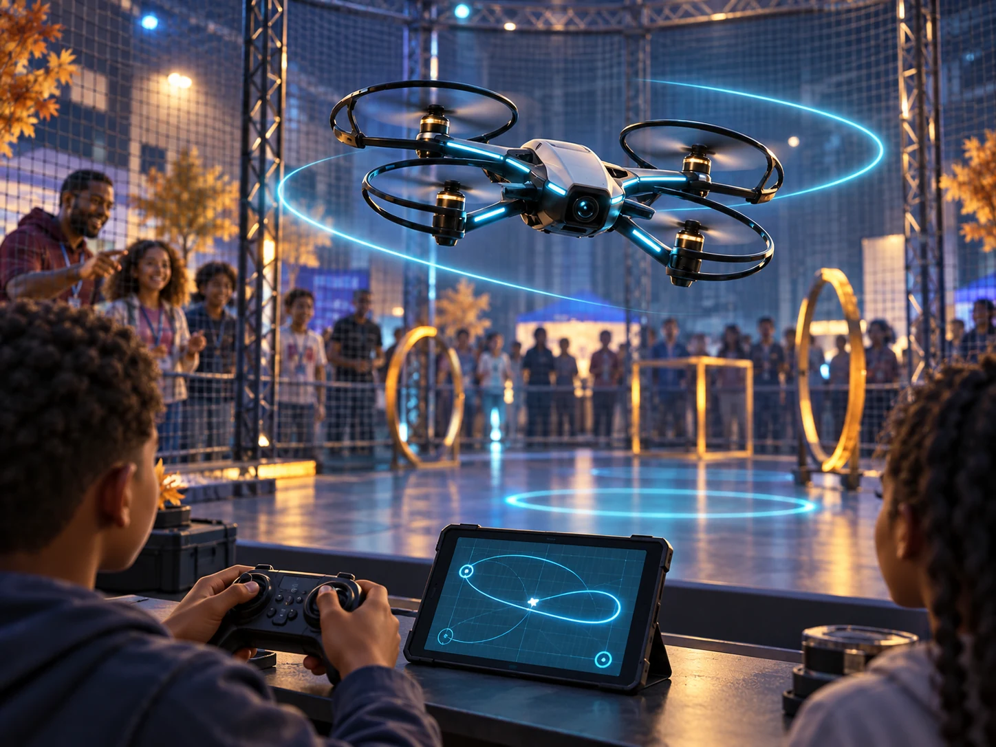 Illustration of a quadcopter flying in a netted demo area while a young person holds a controller; the artwork does not show the exact equipment on display.