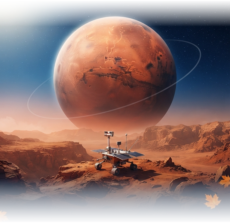 Illustration of Mars and a rover in a red rocky landscape.