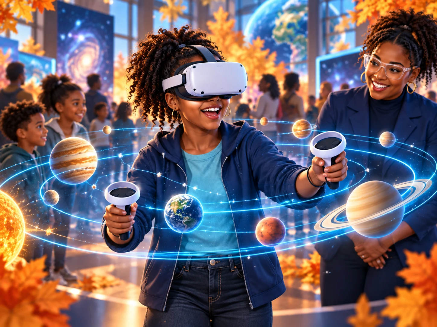 Illustration of a young person wearing a VR headset and holding controllers, surrounded by glowing planets, with an educator smiling nearby. The artwork is conceptual and does not show the exact headset or experience.