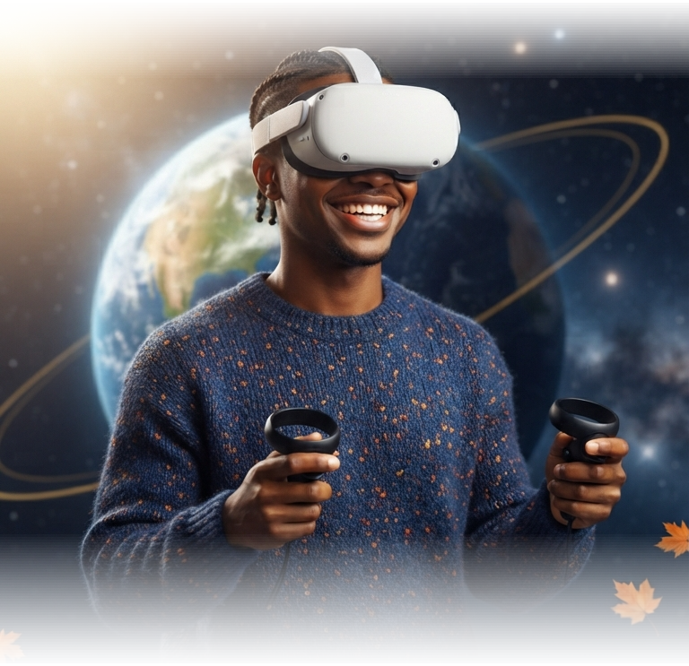 Illustration of a visitor wearing a VR headset and holding controllers.