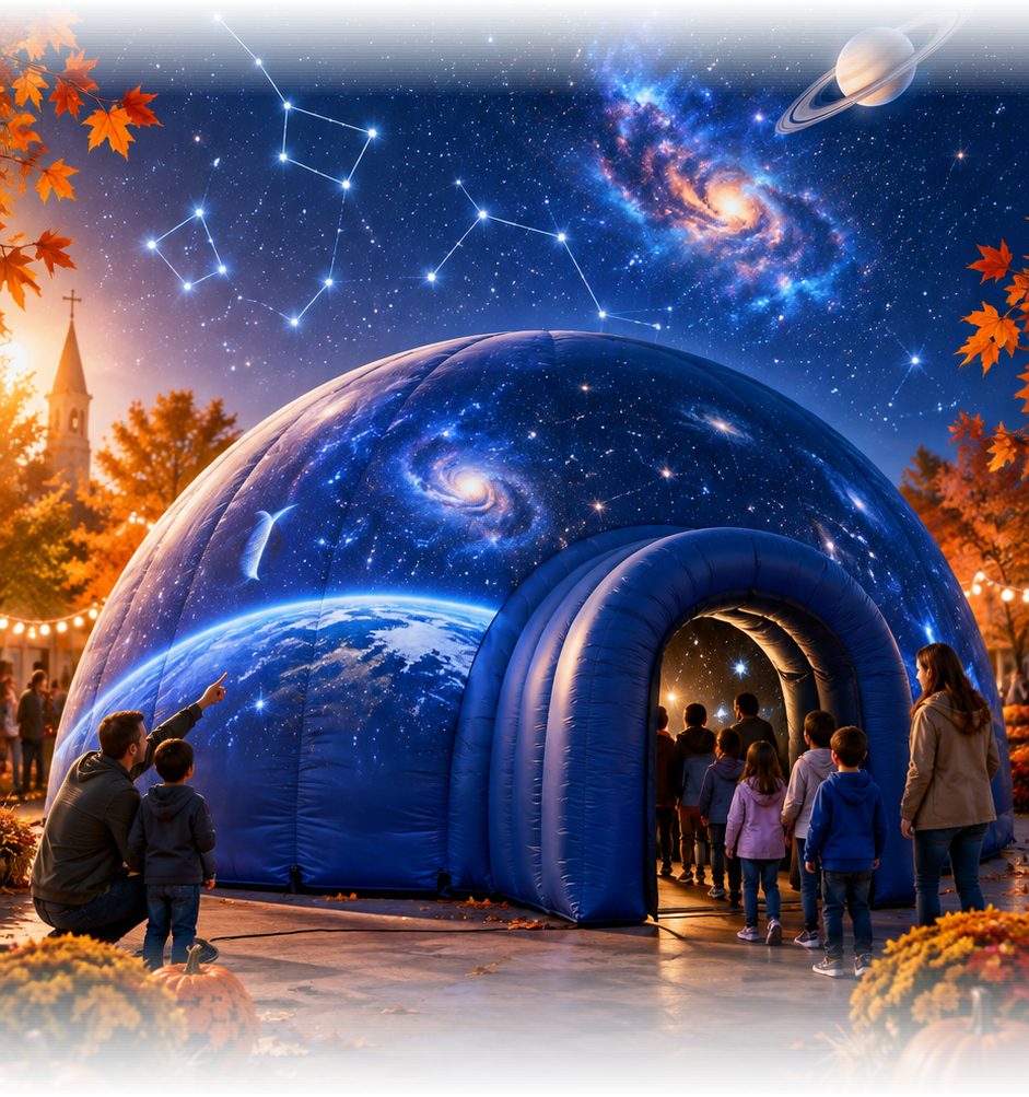 Illustrative portable planetarium dome under a starry sky.