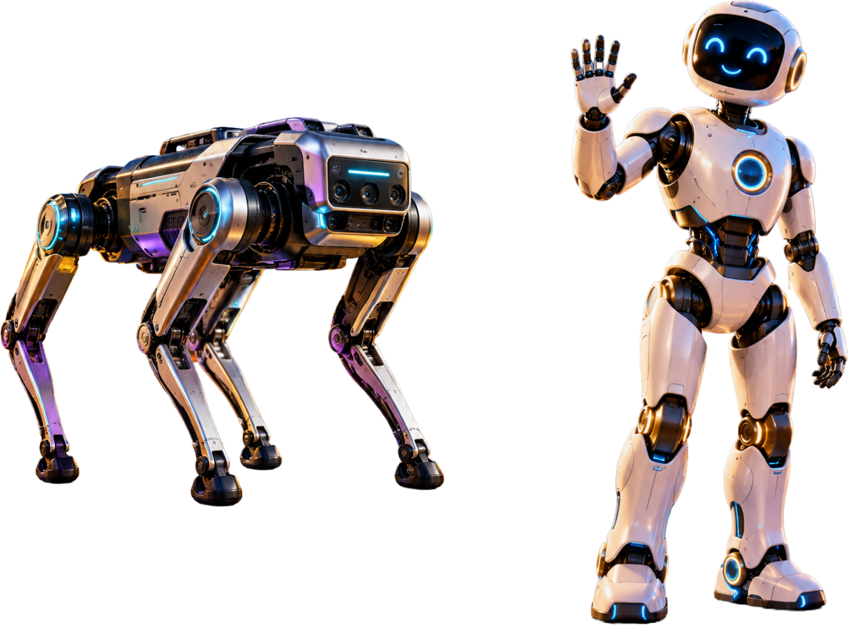 Illustrative robot dog beside a waving humanoid robot; the artwork does not confirm exact robot models.
