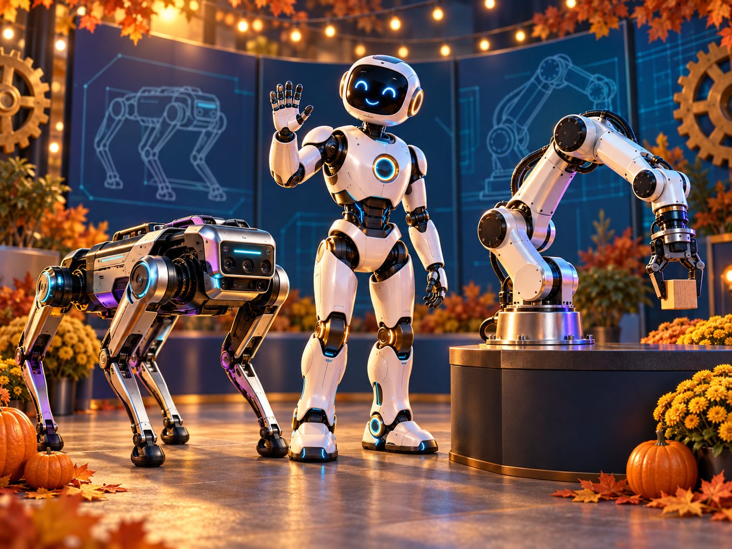 Illustrative robot dog, waving humanoid robot and robotic arm holding a wooden block, set among autumn leaves, pumpkins and blueprint panels.