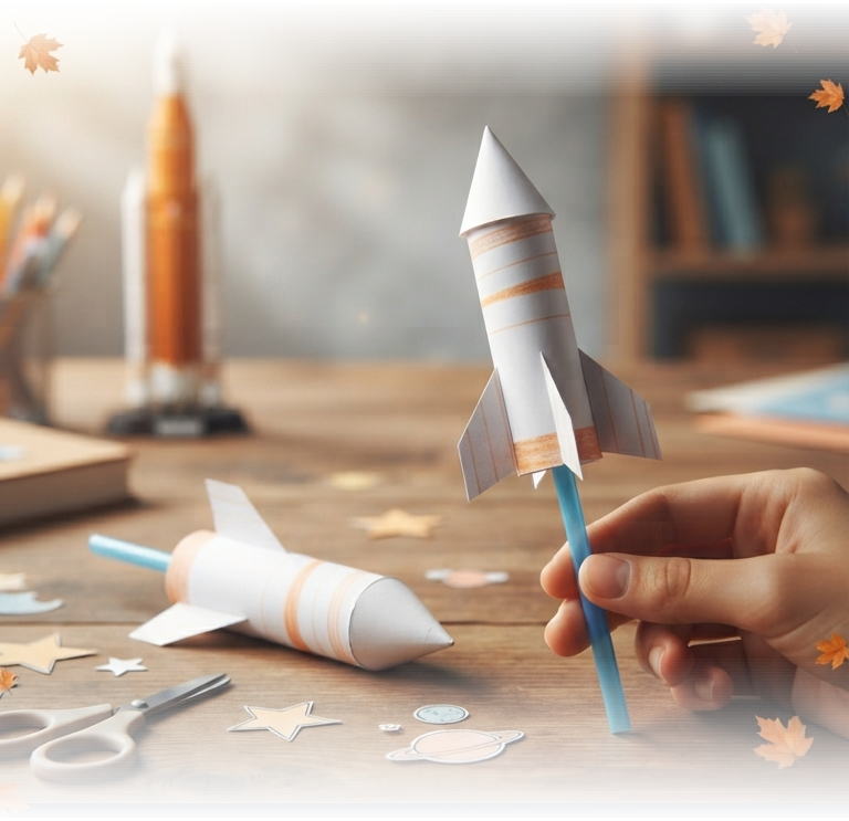 Illustration of paper straw rockets with rear fins and a hand holding a launcher straw.