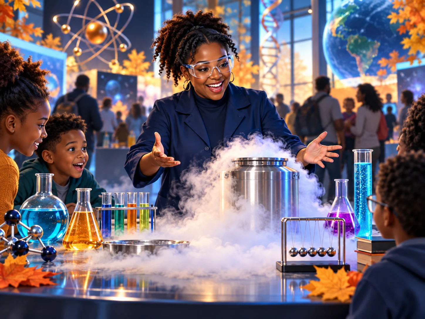 Illustration of an educator in safety goggles leading a vapor demonstration at a science table while children watch.