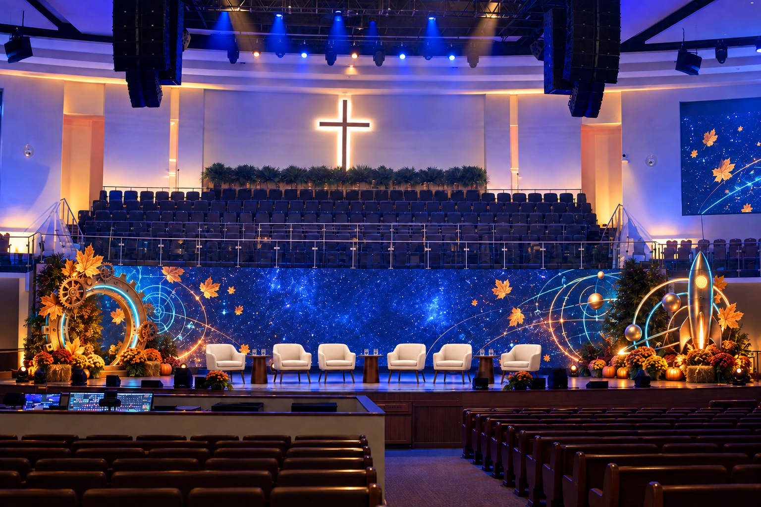 The Cathedral stage set for the forum, with six chairs before a starry screen framed by gears, a rocket and autumn leaves