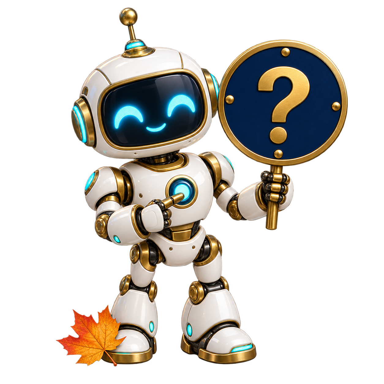 A friendly white and gold robot guide holding a question mark sign, with an autumn leaf at its feet