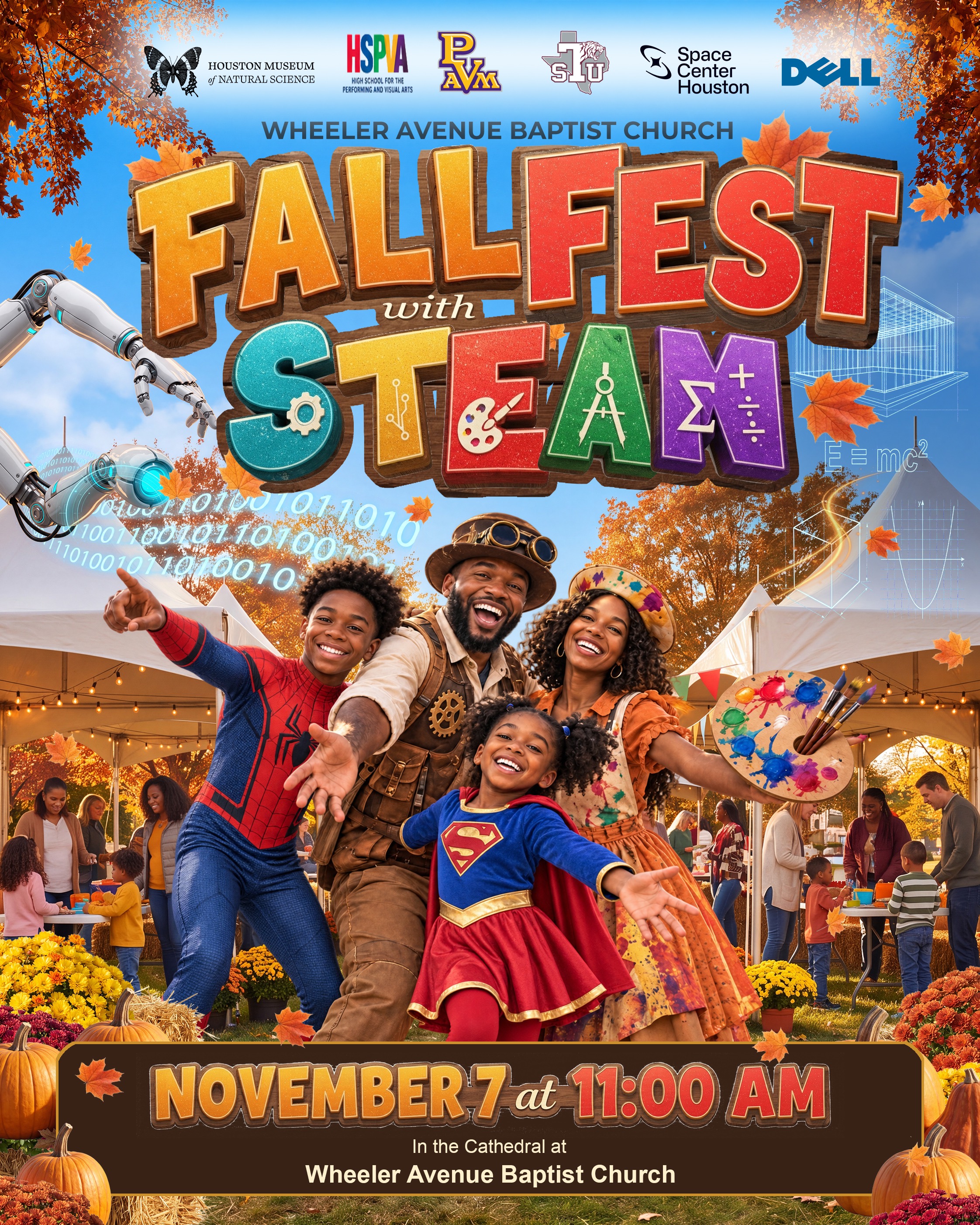 A smiling family in inventor, artist and superhero costumes at an autumn festival