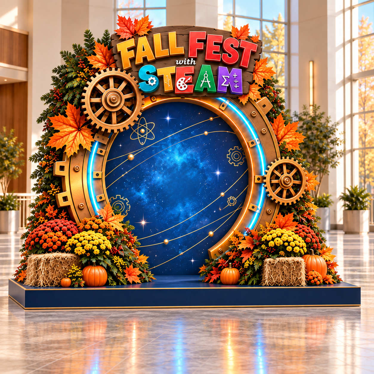 A bronze gear ring framing a starry blue galaxy, surrounded by autumn leaves, mums, hay bales and pumpkins