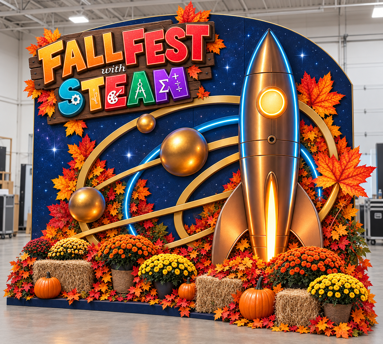 A copper rocket launching past golden orbiting planets on a starry navy backdrop, framed by fall foliage