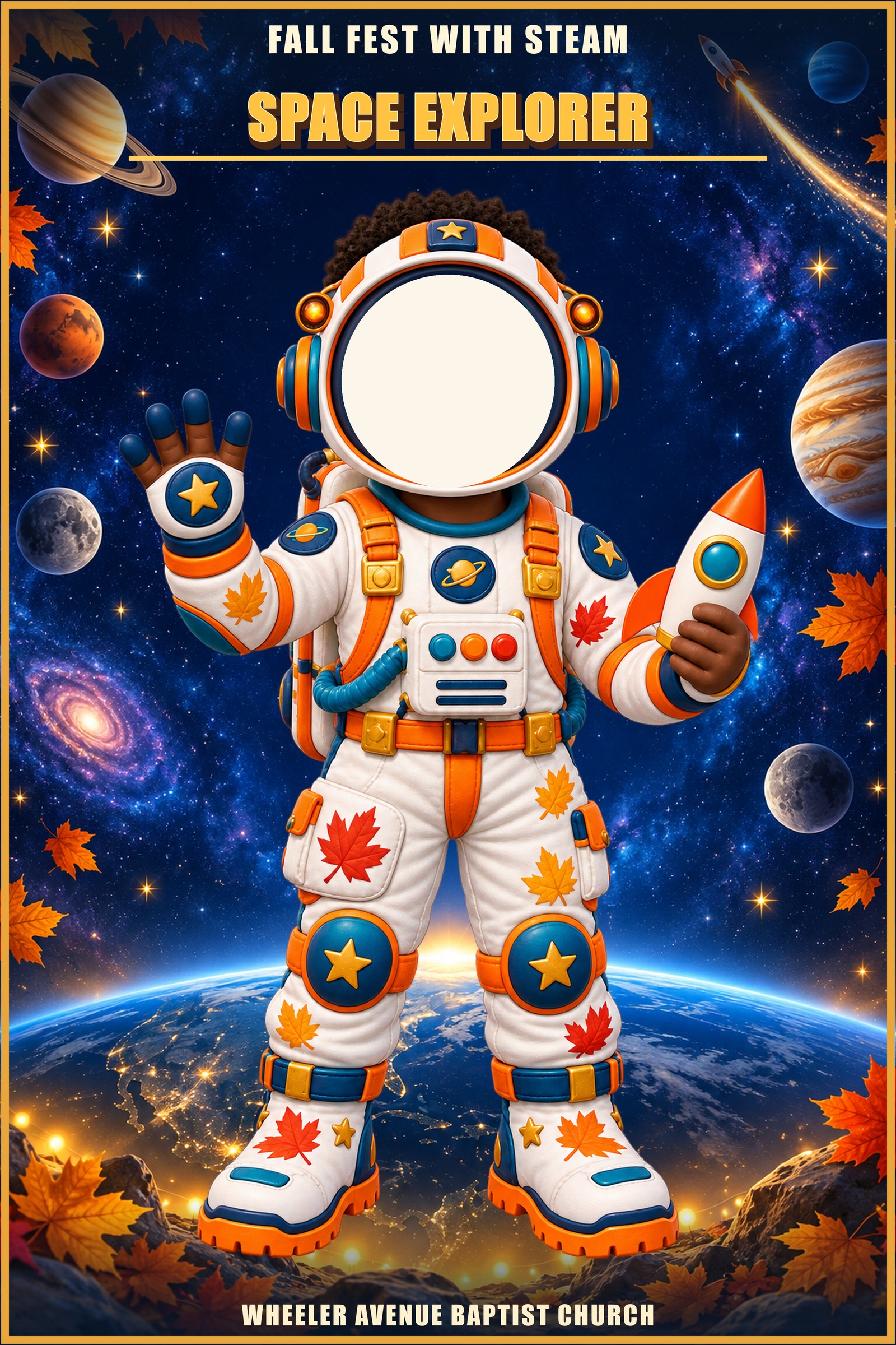 Space Explorer photo standee of a boy in an astronaut suit among the planets, with a cut-out for your face