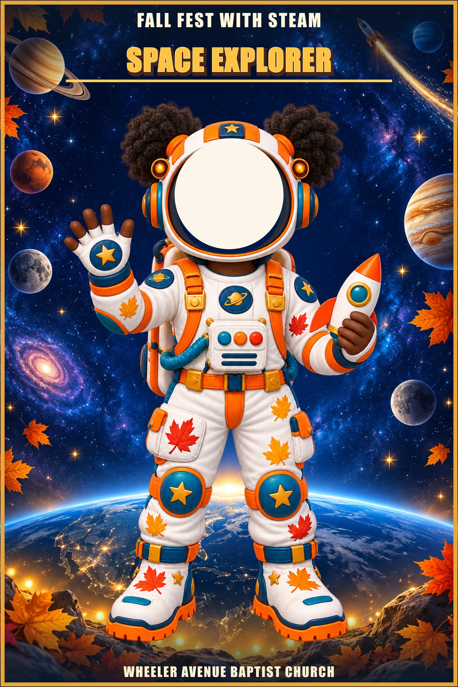 Space Explorer photo standee of a girl in an astronaut suit among the planets, with a cut-out for your face