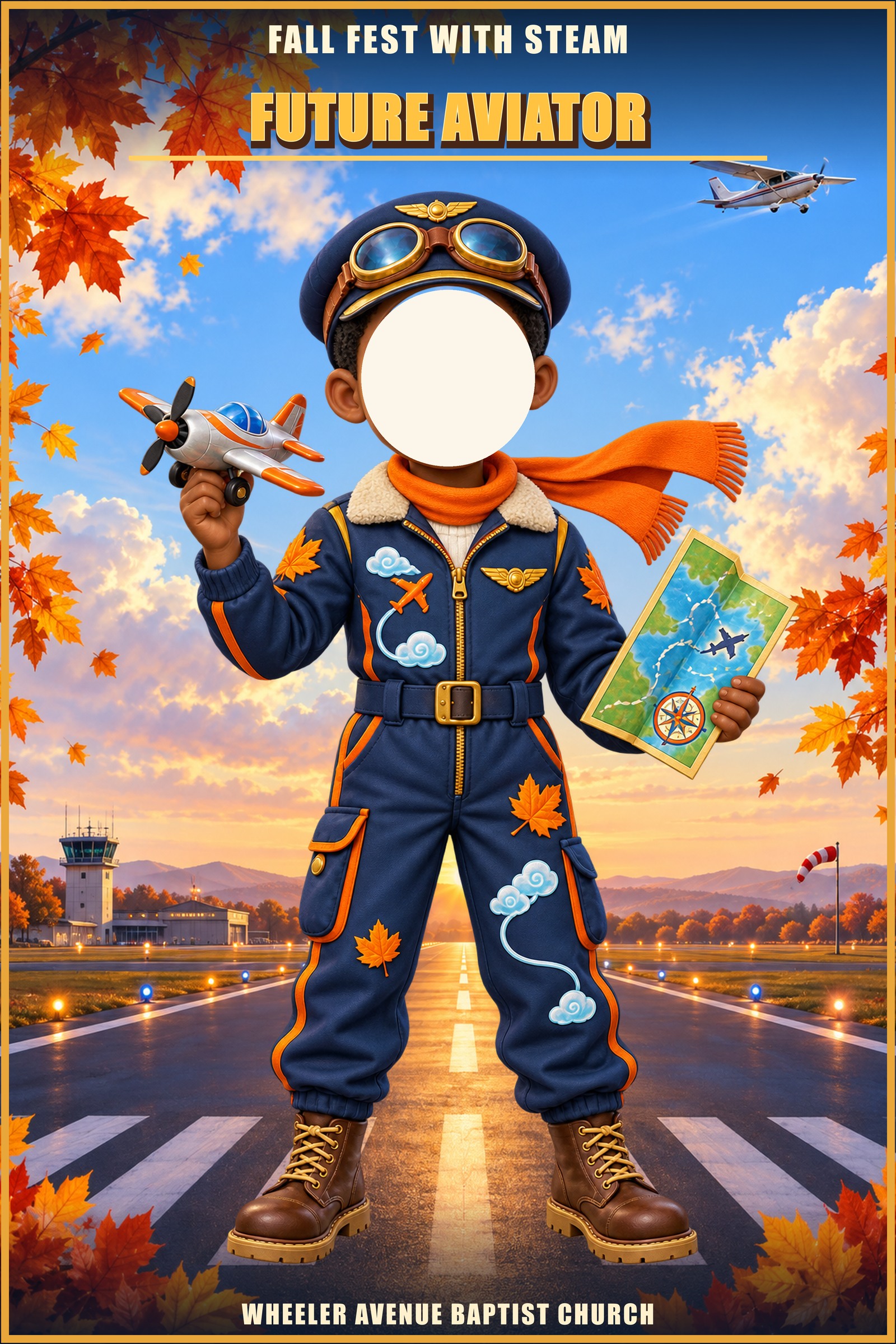 Future Aviator photo standee of a boy in a flight suit on a runway, with a cut-out for your face