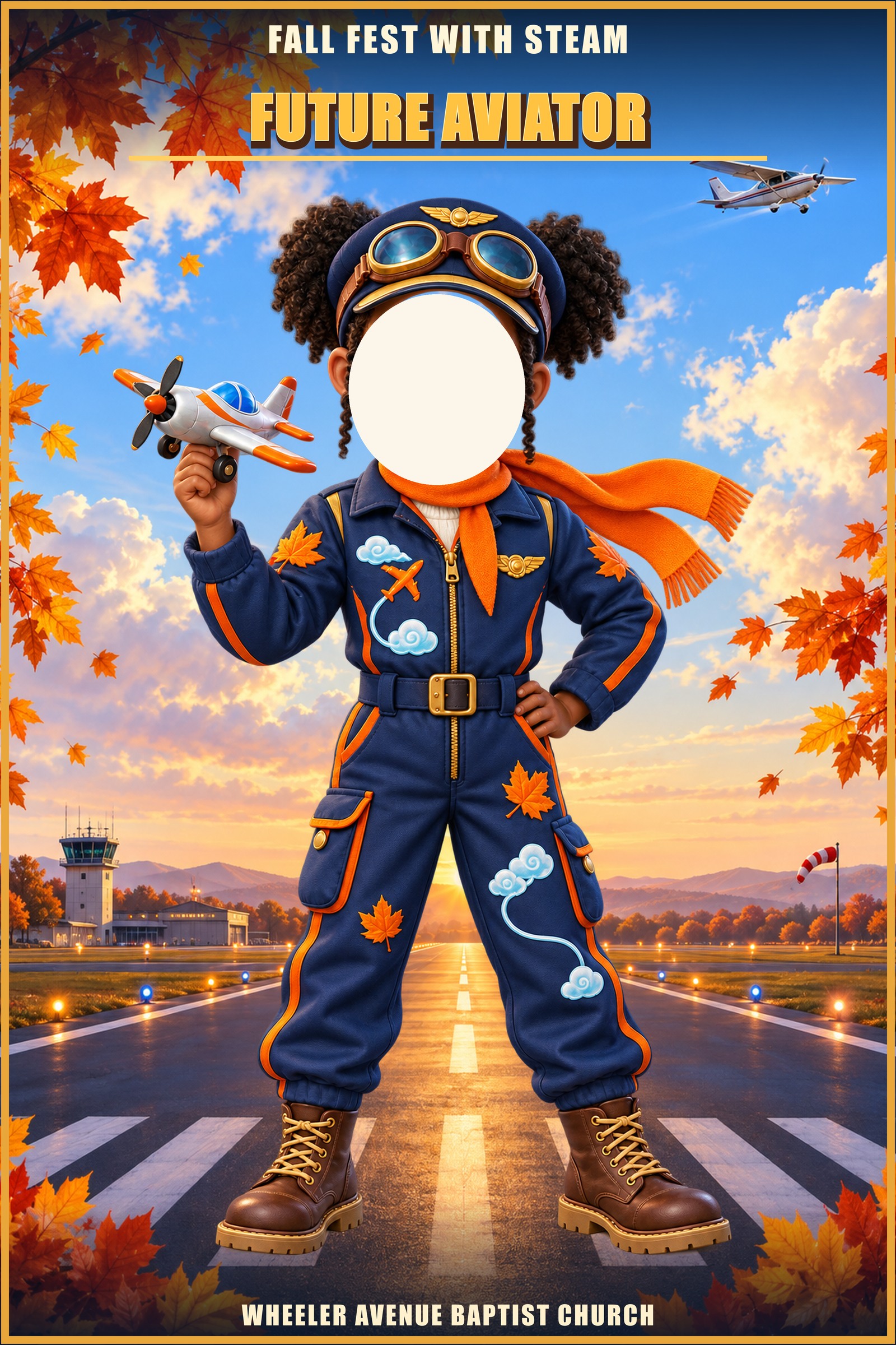 Future Aviator photo standee of a girl in a flight suit on a runway, with a cut-out for your face