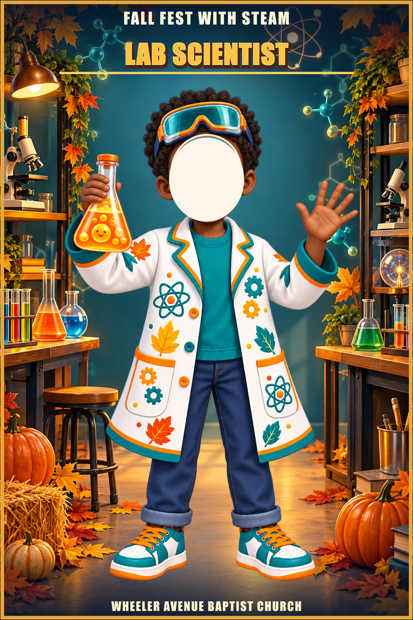 Lab Scientist photo standee of a boy in a lab coat holding a bubbling flask, with a cut-out for your face