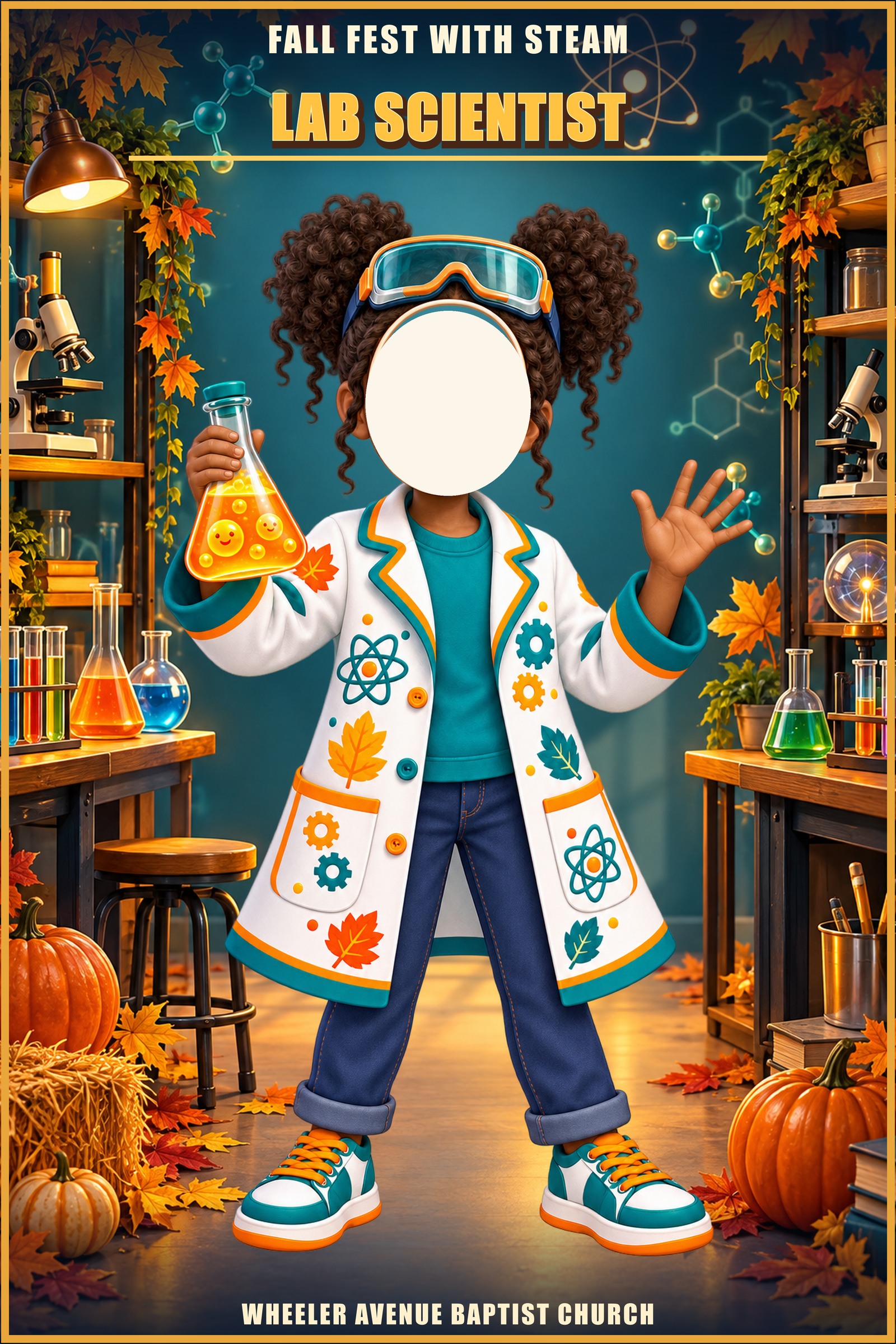 Lab Scientist photo standee of a girl in a lab coat holding a bubbling flask, with a cut-out for your face