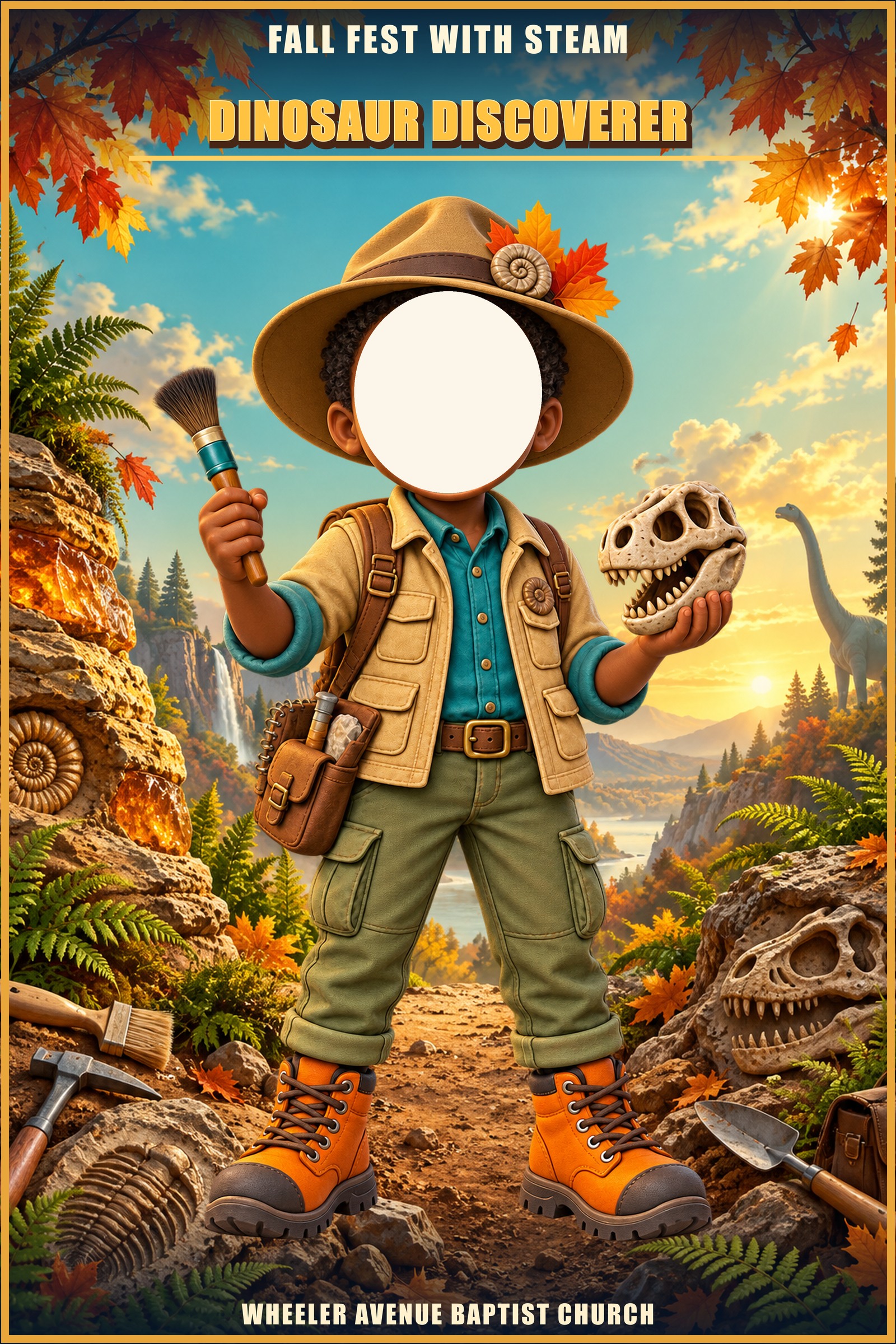 Dinosaur Discoverer photo standee of a boy holding a fossil skull at a dig site, with a cut-out for your face