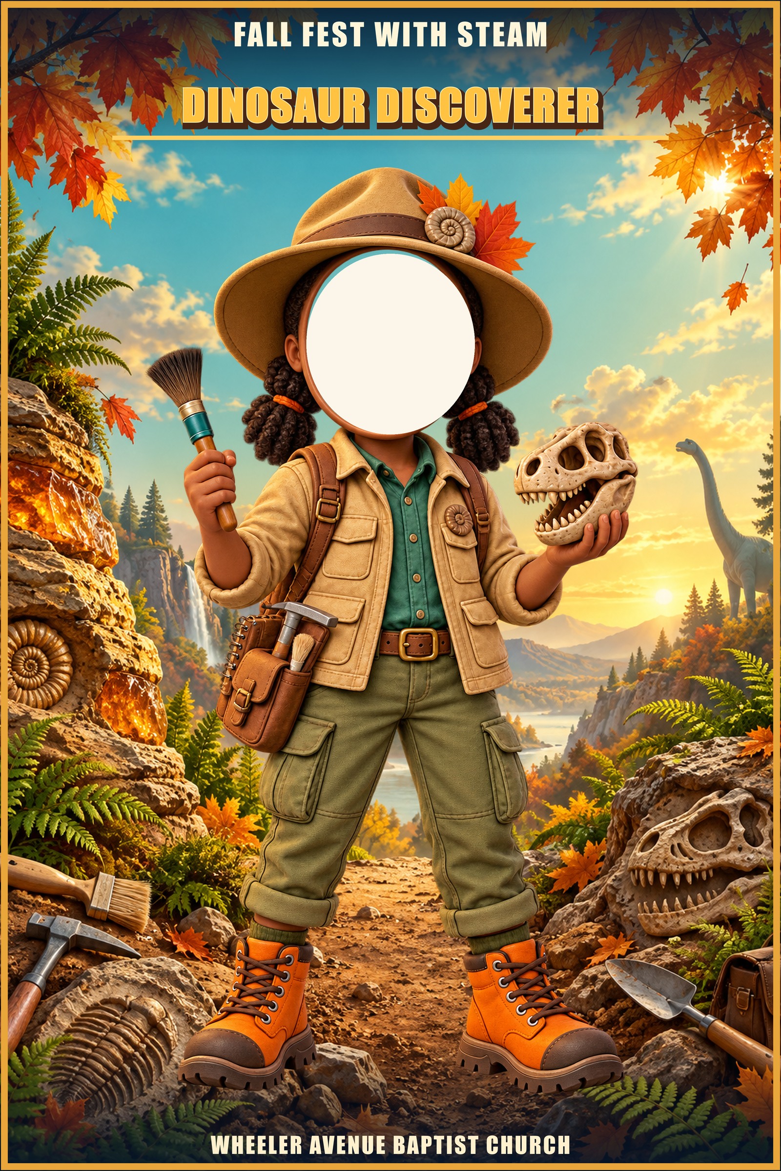Dinosaur Discoverer photo standee of a girl holding a fossil skull at a dig site, with a cut-out for your face