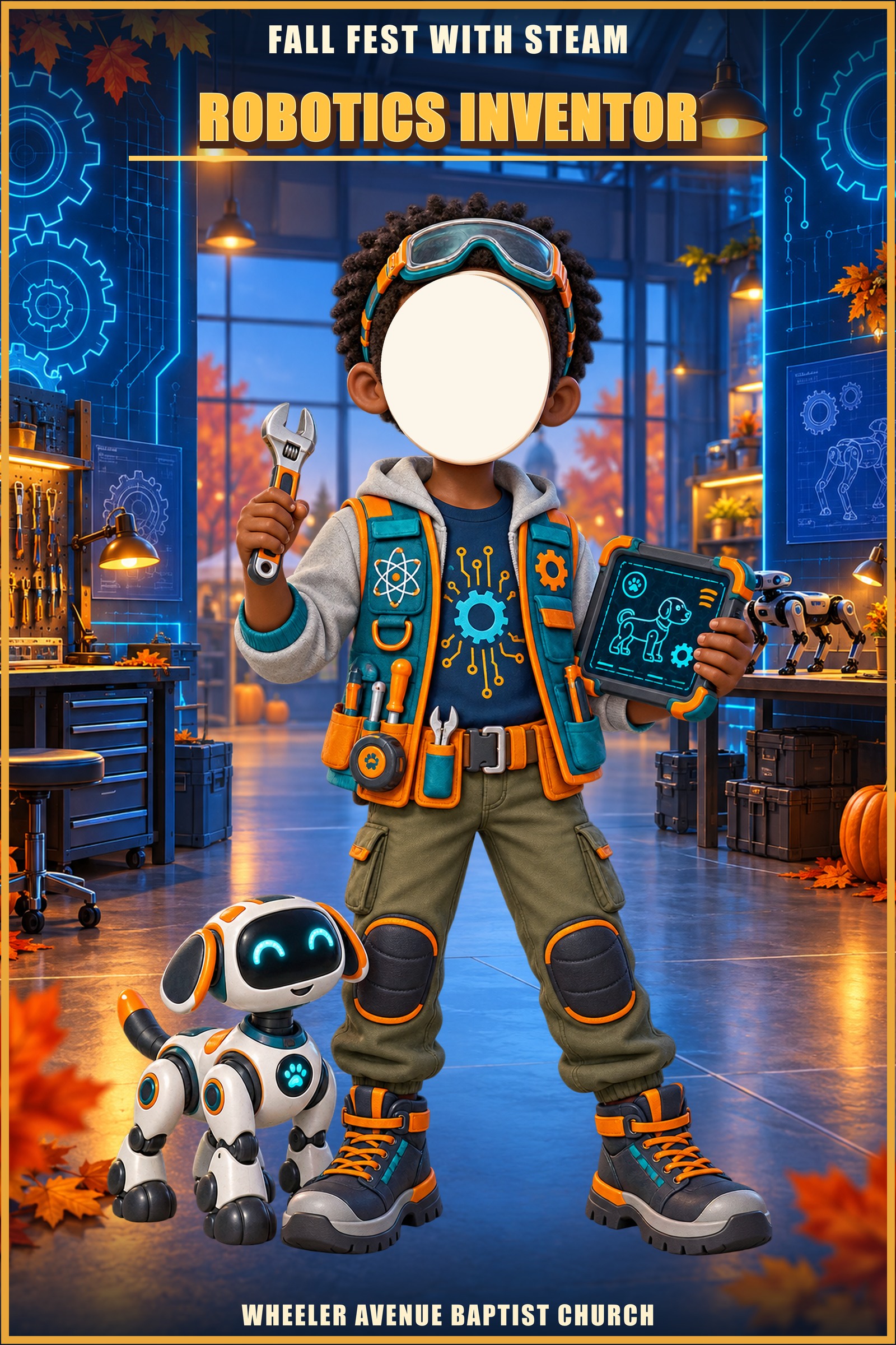 Robotics Inventor photo standee of a boy with a robot dog in a workshop, with a cut-out for your face