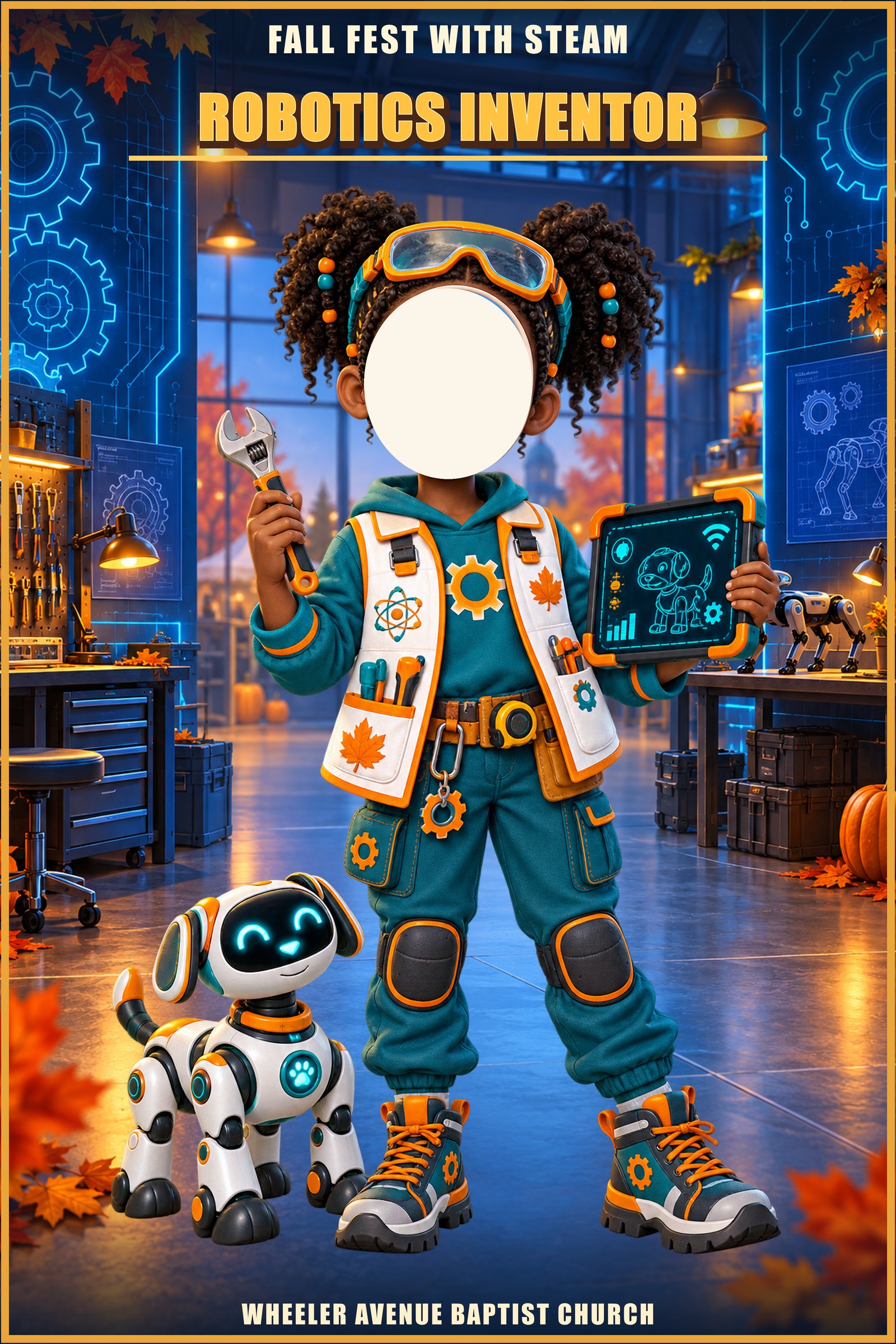 Robotics Inventor photo standee of a girl with a robot dog in a workshop, with a cut-out for your face